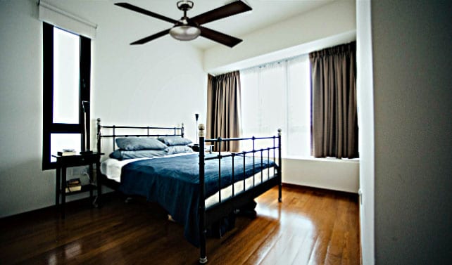 Hampton Bay Spoletto II Liquid Nickel Ceiling Fan in Bedroom