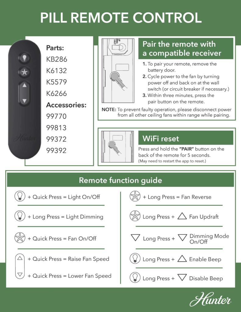 Pairing Hunter Fan Remote Pill Control 5xxxx Series